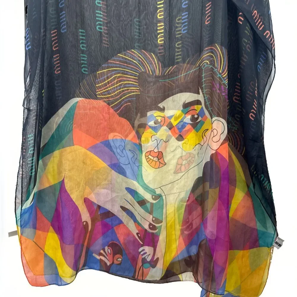 Vintage Miu Miu Scarf  Shawl Authentic Silk Rolled Edges Abstract Lady Harlequin